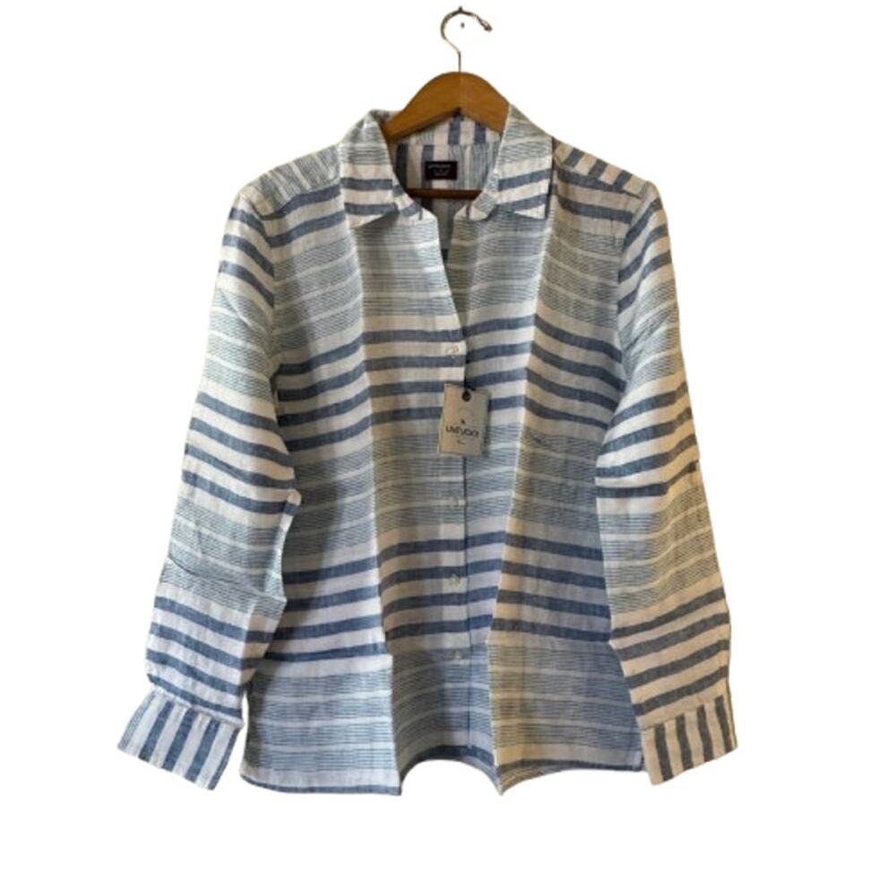 NEW UNTUCKit Women's Vietti 100% Linen Button Up Shirt 14 Stripe Long Sleeve NWT